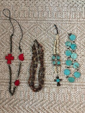 Western - Turquoise and Cross Necklace Set - Women Jewelry